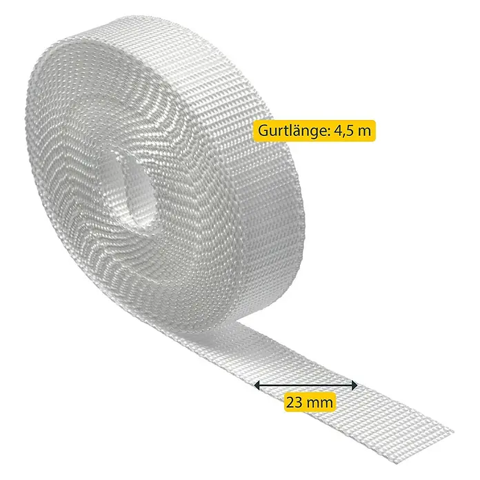 Schellenberg Rollladengurt Maxi - Weiß, Länge: 4,5 m, Gurtbreite: 23 mm - Bild eines 4,5 m langen und 23 mm breiten, weißen Textilbandes auf einer Rolle.