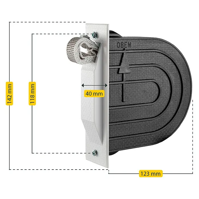 Schellenberg Einlasswickler Mini - Lochabstand: 118 mm, Gurtbreite: 14 mm - Produktdarstellung mit Größenangaben. Das Produkt ist ca. 123 mm breit und 142 mm hoch. Die Dicke des weißen Elements beträgt 40 mm.
