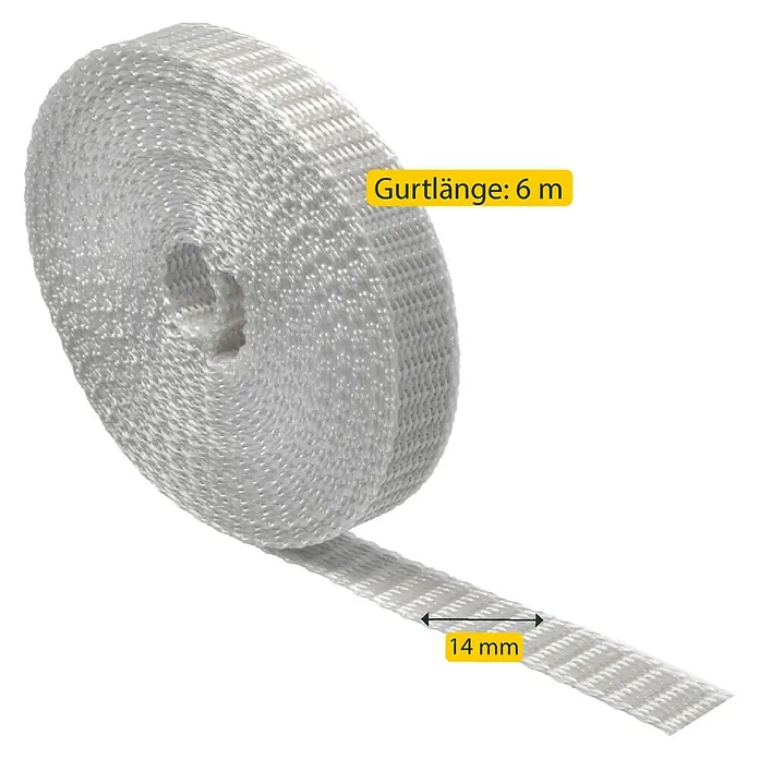 Schellenberg Rollladengurt Mini - Grau, Länge: 6 m, Gurtbreite: 14 mm - Das Bild zeigt eine Rolle weißes Textilband mit den Maßen 6 m Länge und 14 mm Breite.