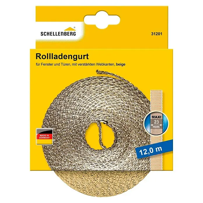 Schellenberg Rollladengurt Maxi - Beige, Länge: 12 m, Gurtbreite: 23 mm - Produktabbildung eines Schellenberg Rollladengurts, beige, 12,0 m lang, mit verstärkten Webkanten, für Fenster und Türen, hergestellt in Deutschland.