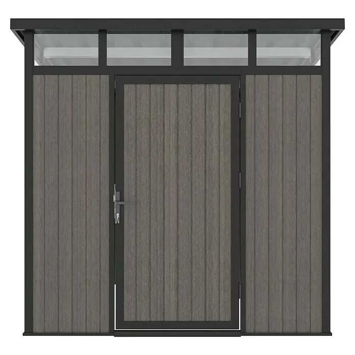 Gerätehaus 7x7 - Außenmaß inkl. Dachüberstand (B x T): 237 x 225,6 cm, Verbundwerkstoff, Silver Gray - Ansicht einer grauen Gartentür mit Holztäfelung und Oberlichtern, die ein modernes und funktionales Design für jeden Garten bietet.