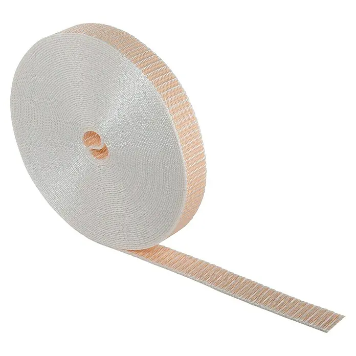 Schellenberg Rollladengurt Maxi - Beige, Länge: 12 m, Gurtbreite: 23 mm - Ein aufgerolltes Band mit hellen und orangefarbenen Streifen, das ein dekoratives Element darstellt.