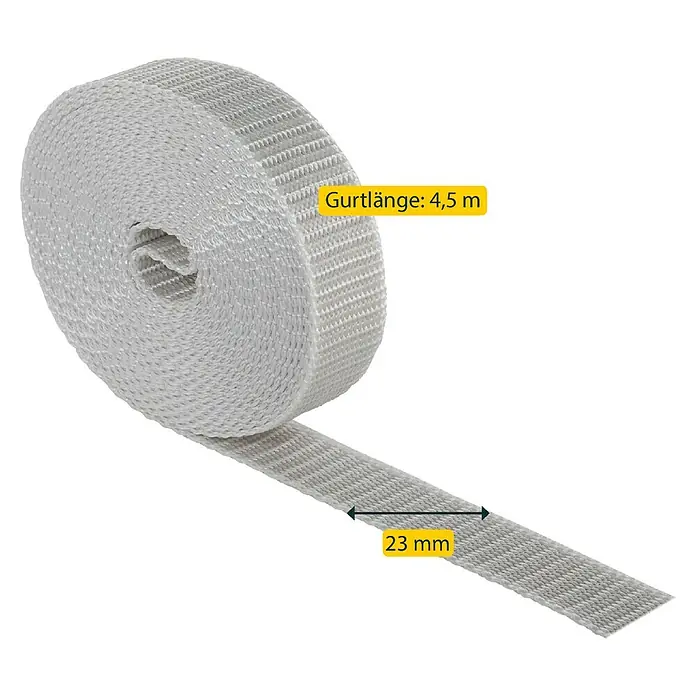 Schellenberg Rollladengurt Maxi - Grau, Länge: 4,5 m, Gurtbreite: 23 mm - Produktbild eines weißen Hitzeschutzbandes mit einer Länge von 4,5 Metern und einer Breite von 23 mm.