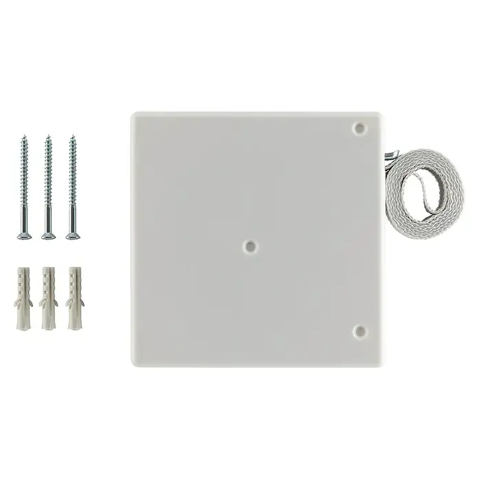 Schellenberg Aufschraubwickler Mini - 120 x 22 x 120 mm, Geeignet für: Rollladen-Mini-Systeme, Weiß - Das Bild zeigt eine weiße Montageplatte inklusive Schrauben, Dübel und einem Befestigungsband für die einfache Installation.