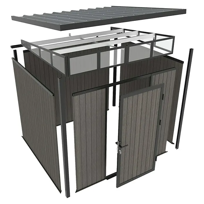 Gerätehaus 7x7 - Außenmaß inkl. Dachüberstand (B x T): 237 x 225,6 cm, Verbundwerkstoff, Silver Gray - Explosionsansicht eines modernen Geräteschuppens mit Holzverkleidung, der die einzelnen Bauteile zeigt.