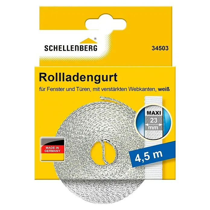 Schellenberg Rollladengurt Maxi - Weiß, Länge: 4,5 m, Gurtbreite: 23 mm - Bild einer Schellenberg Rollladengurt-Verpackung, die einen weißen Rolladengurt mit verstärkten Webkanten für Fenster und Türen zeigt.