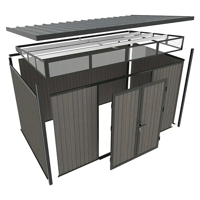 Gerätehaus 11x7 - Außenmaß inkl. Dachüberstand (B x T): 360 x 225,6 cm, Verbundwerkstoff, Silver Gray - Eine Ansicht eines modernen Outdoor-Lagerraums mit Holzverkleidung, Metalldach und einer Doppeltür, die einen stilvollen Stauraum bietet.