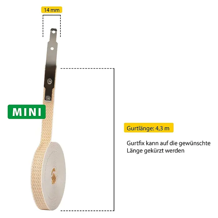 Schellenberg Gurtfix Mini - Länge: 4,3 m, Gurtbreite: 14 mm, Beige - Produktbild eines Mini-Gurtfix mit einer Länge von 4,3 m, der bei Bedarf gekürzt werden kann. Die Breite des Metallelements beträgt 14 mm.