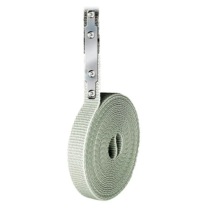Schellenberg Gurtfix Mini - Länge: 4,3 m, Gurtbreite: 14 mm, Grau - Nahaufnahme eines Hitzeschutzbandes mit Befestigungslasche, das für hohe Temperaturen und Isolierung in Motorräumen ausgelegt ist.