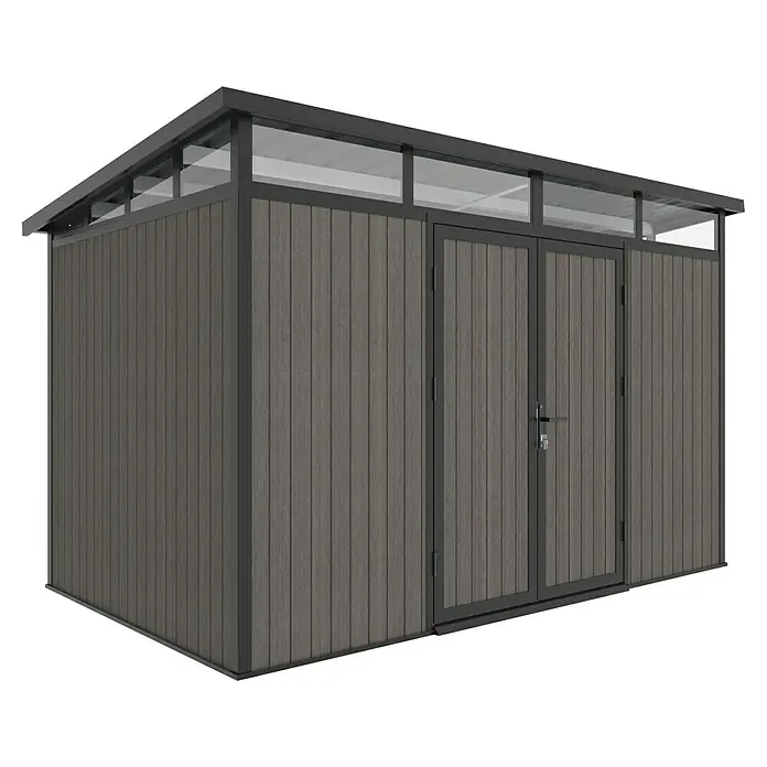 Gerätehaus 11x7 - Außenmaß inkl. Dachüberstand (B x T): 360 x 225,6 cm, Verbundwerkstoff, Silver Gray - Ansicht eines modernen Geräteschuppens mit Holzwänden und lichtdurchlässigem Dach, ideal für die Gartenaufbewahrung.