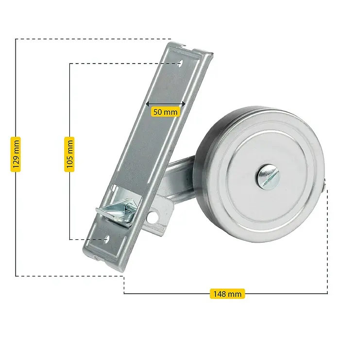 Schellenberg Rollladen-Gurtwickler Maxi - Lochabstand: 105 mm, Gurtbreite: 23 mm, Max. Gurtlänge: 5 m - Produktansicht eines Rollenverschlusses mit dazugehörigen Maßangaben, die auf dem Bild klar erkennbar sind.
