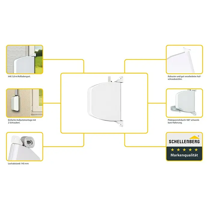 Schellenberg Aufschraubwickler Mini - L x B x H: 120 x 22 x 159 mm, Gurtbreite: 14 mm, Weiß - Produktdarstellung des Schellenberg Aufschraubwicklers mit Produktdetails.