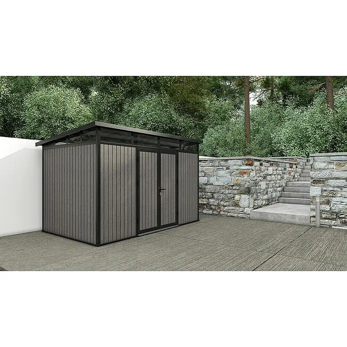 Gerätehaus 11x7 - Außenmaß inkl. Dachüberstand (B x T): 360 x 225,6 cm, Verbundwerkstoff, Silver Gray - Ein modernes Gartenhaus mit grauen Holzpaneelen und schwarzem Rahmen, ideal zur Aufbewahrung von Gartengeräten.