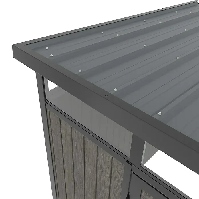Gerätehaus 9x7 - Außenmaß inkl. Dachüberstand (B x T): 300 x 225,6 cm, Verbundwerkstoff, Silver Gray - Detailansicht eines modernen Geräteschuppens mit grauer Metallverkleidung und klaren Linien. Das Design ist schlicht und funktional.