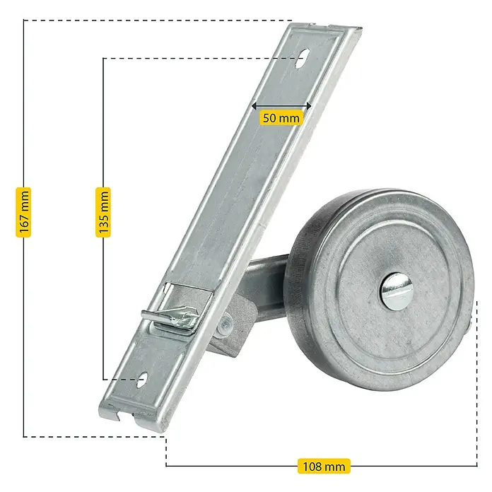 Schellenberg Rollladen-Gurtwickler Maxi - Lochabstand: 135 mm, Gurtbreite: 23 mm, Max. Gurtlänge: 5,6 m - Abgebildet ist ein Garagentor-Rollenhalter aus Metall mit den Maßen 167x108mm. Die Halterung ist 50mm breit und 135mm hoch.