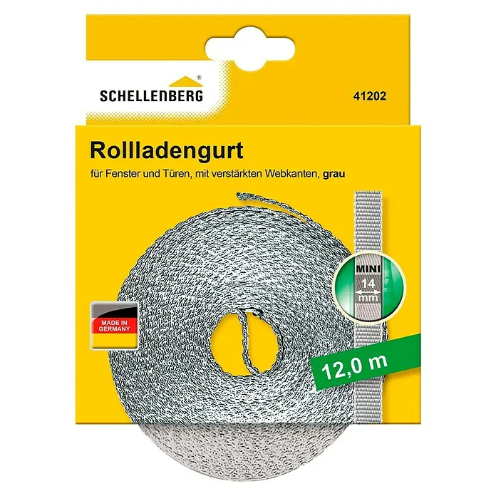 Schellenberg Rollladengurt Mini - Grau, Länge: 12 m, Gurtbreite: 14 mm - Abbildung eines Schellenberg Rollladengurts für Fenster und Türen, verstärkte Webkanten, grau, Mini 14 mm, 12,0 m, hergestellt in Deutschland.