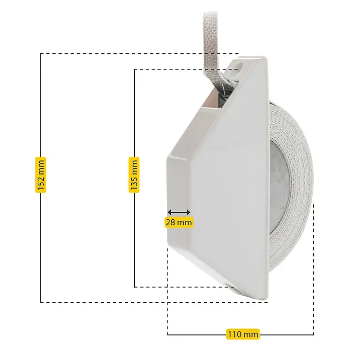 Schellenberg Halbeinlasswickler Mini - 110 x 28 x 152 mm, Geeignet für: Rollladen-Mini-Systeme - Abbildung eines Rolladengurtwicklers mit Maßangaben zu seiner Größe für Produktinformationen.