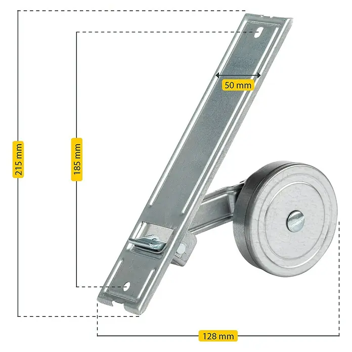 Schellenberg Rollladen-Gurtwickler Maxi - Lochabstand: 185 mm, Gurtbreite: 23 mm, Max. Gurtlänge: 5,6 m - Produktdarstellung: Metallwinkel mit Rollenbefestigung, Abmessungen und Details für Montage und Konstruktion.