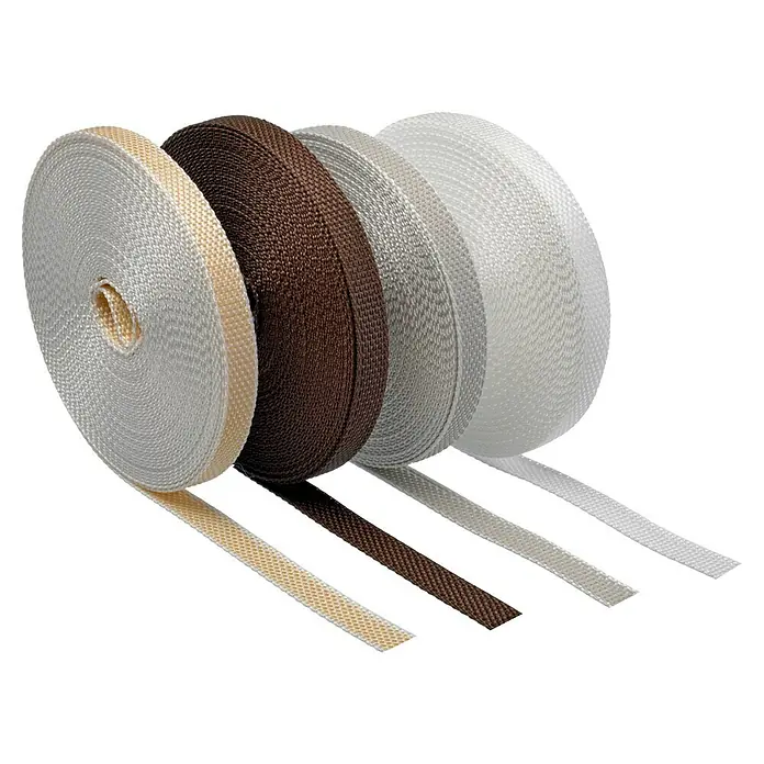 Schellenberg Rollladengurt Mini - Grau, Länge: 12 m, Gurtbreite: 14 mm - Nahaufnahme von vier Rollen Gurtband in verschiedenen Farben, die sich für eine Vielzahl von Anwendungen eignen.