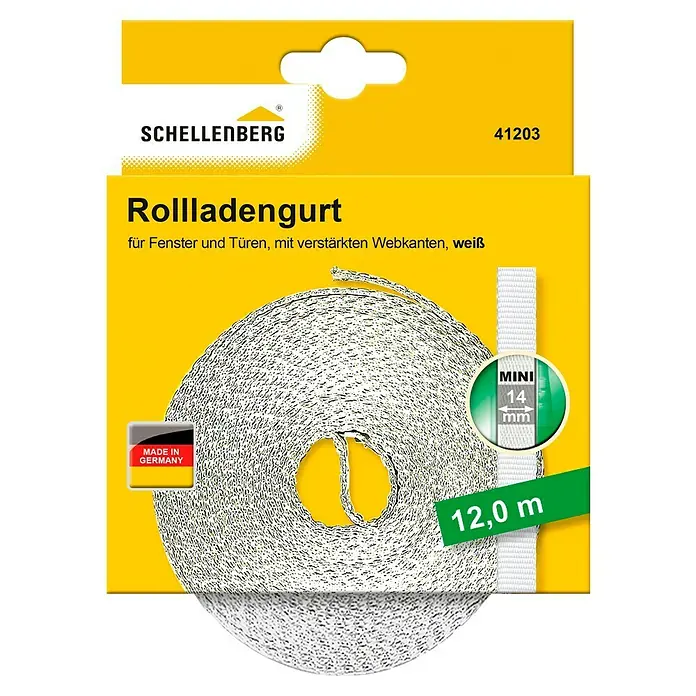 Schellenberg Rollladengurt Mini - 12 m, Breite: 14 mm, Weiß - Abbildung eines Schellenberg Rollladengurts für Fenster und Türen, verstärkt, weiß, Mini 14 mm, 12,0 m, hergestellt in Deutschland.