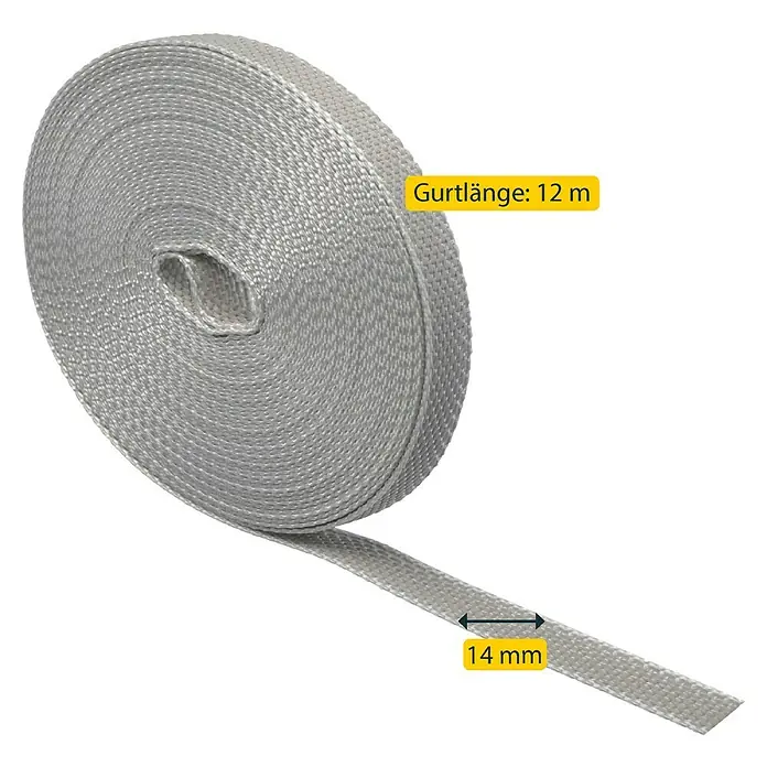 Schellenberg Rollladengurt Mini - Grau, Länge: 12 m, Gurtbreite: 14 mm - Bild eines 12 m langen, 14 mm breiten Textilbandes auf einer Rolle. Ideal für verschiedenste Anwendungen.