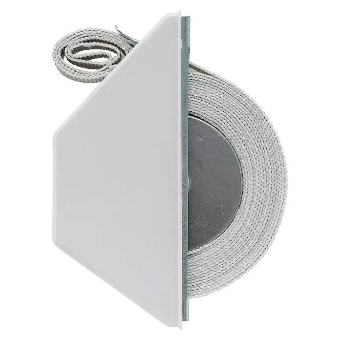 Schellenberg Halbeinlasswickler Mini - 110 x 28 x 152 mm, Geeignet für: Rollladen-Mini-Systeme - Detailaufnahme einer aufgerollten Jalousieschnur in einem weißen Gehäuse. Die Schnur ist sauber auf einer Spule aufgerollt.