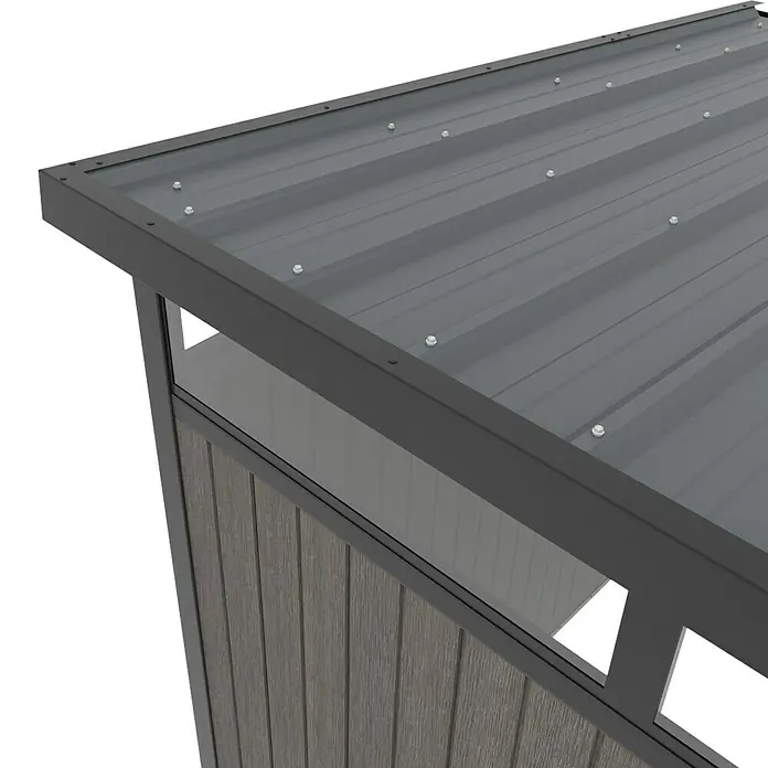 Gerätehaus 11x7 - Außenmaß inkl. Dachüberstand (B x T): 360 x 225,6 cm, Verbundwerkstoff, Silver Gray - Nahaufnahme eines modernen Gartenhauses mit grauem Metalldach und Holzverkleidung. Das Design ist schlicht und funktional.