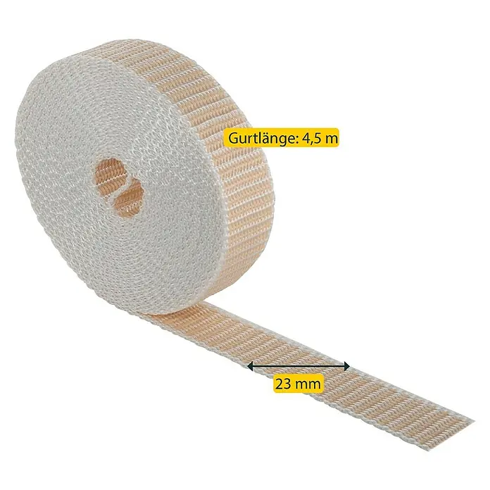 Schellenberg Rollladengurt Maxi - Beige, Länge: 4,5 m, Gurtbreite: 23 mm - Abbildung eines Rolladengurts, 4,5 m lang und 23 mm breit, auf einer Rolle.