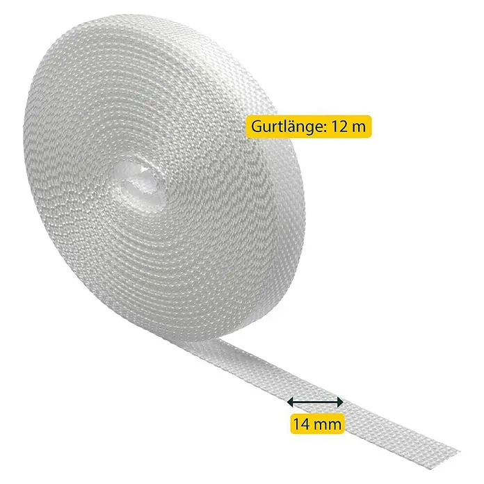 Schellenberg Rollladengurt Mini - 12 m, Breite: 14 mm, Weiß - Bild eines 12 m langen, 14 mm breiten Textilbandes auf einer Rolle.