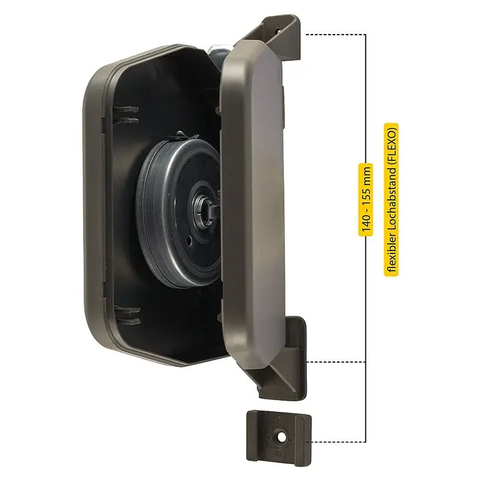 Schellenberg Aufschraubwickler Flexo - 140 x 25 x 165 mm, Geeignet für: Rollladen-Mini-Systeme, Braun - Detailaufnahme einer Rollladenwickler-Einheit mit variabler Lochabstandsanzeige für flexible Montage.