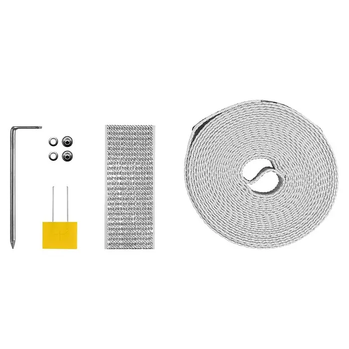 Schellenberg Gurtfix Mini - Länge: 4,3 m, Gurtbreite: 14 mm, Grau - Abbildung eines Abgaswickels, einer Thermomatte und eines Thermoelements mit Klemmenblock und Anschluss.