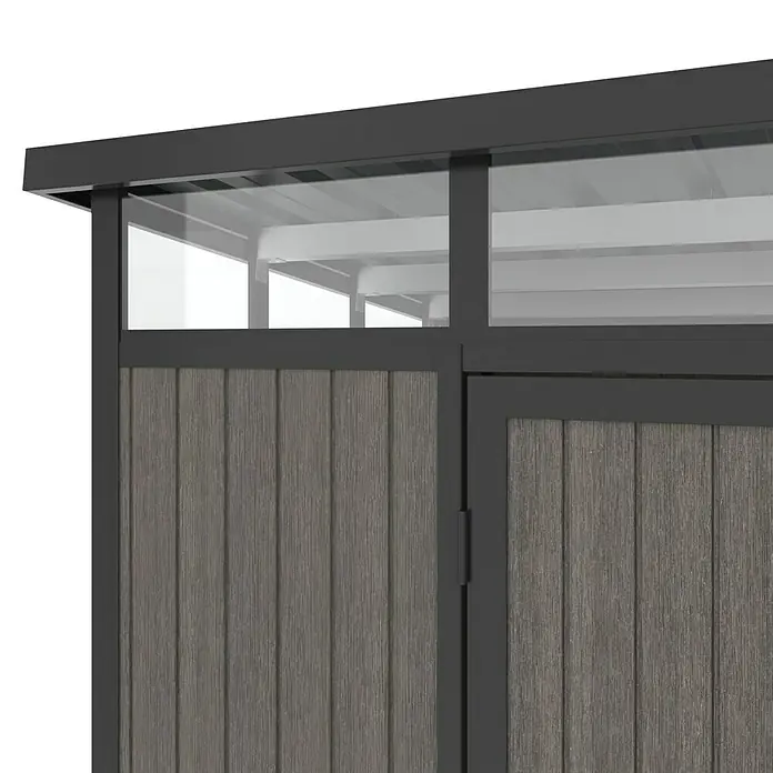 Gerätehaus 9x7 - Außenmaß inkl. Dachüberstand (B x T): 300 x 225,6 cm, Verbundwerkstoff, Silver Gray - Nahaufnahme eines modernen Gartenhauses mit Holzpaneelen und klaren Fenstern.