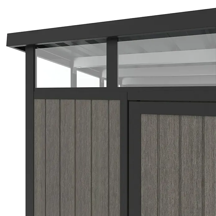 Gerätehaus 7x7 - Außenmaß inkl. Dachüberstand (B x T): 237 x 225,6 cm, Verbundwerkstoff, Silver Gray - Nahaufnahme eines modernen Gartenhauses mit Holzverkleidung und dunklem Rahmen, das Design und Funktionalität vereint.