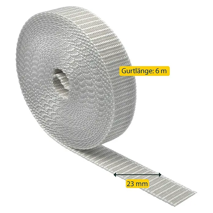 Schellenberg Rollladengurt Maxi - Grau, Länge: 6 m, Gurtbreite: 23 mm - Ein Rolle des weißen Gurtes. Die Länge des Gurtes beträgt 6 m und die Breite ist 23 mm.