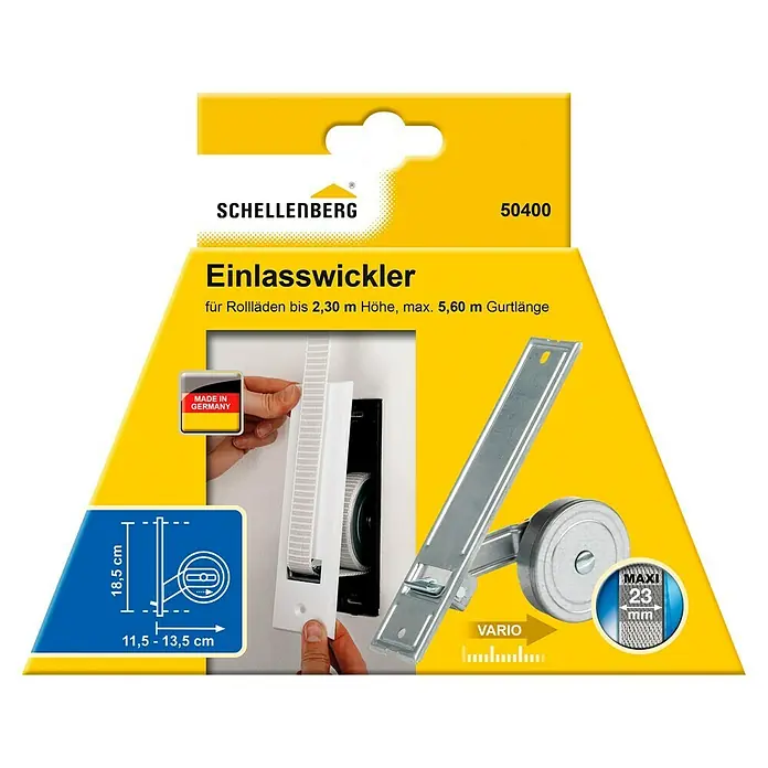 Schellenberg Rollladen-Gurtwickler Maxi - Lochabstand: 185 mm, Gurtbreite: 23 mm, Max. Gurtlänge: 5,6 m - Abbildung einer Schellenberg Einlasswickler-Verpackung, einem Wickler für Rollläden bis 2,30 m Höhe, max. 5,60 m Gurtlänge mit Zubehör.