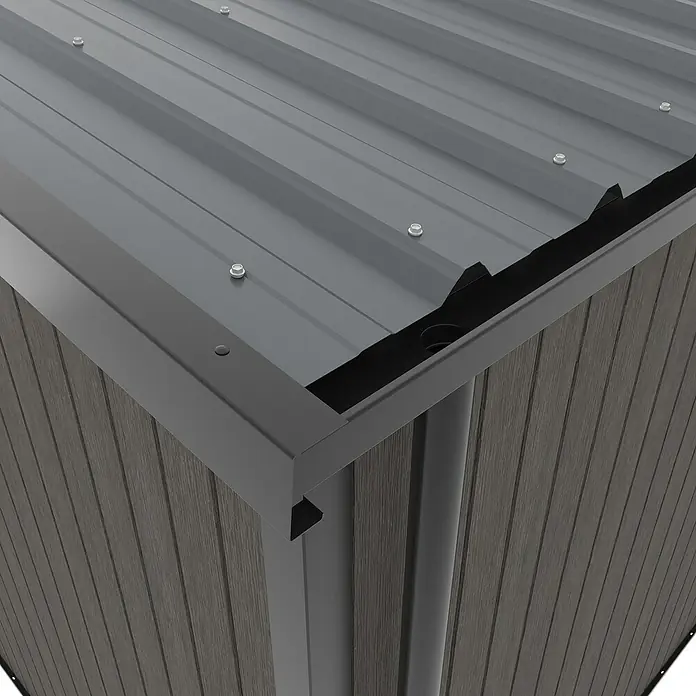Gerätehaus 9x7 - Außenmaß inkl. Dachüberstand (B x T): 300 x 225,6 cm, Verbundwerkstoff, Silver Gray - Detailansicht einer Gartengerätebox mit grauem Dach und dunkelgrauer Holzverkleidung. Schrauben fixieren das Dach.