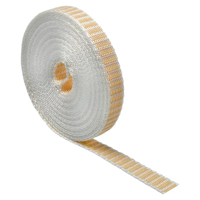 Schellenberg Rollladengurt Mini - Beige, Länge: 6 m, Gurtbreite: 14 mm - Nahaufnahme einer Rolle weißen und beigen Gurtbandes, das sich abwickelt. Ideal für verschiedene Bastel- und Nähprojekte.