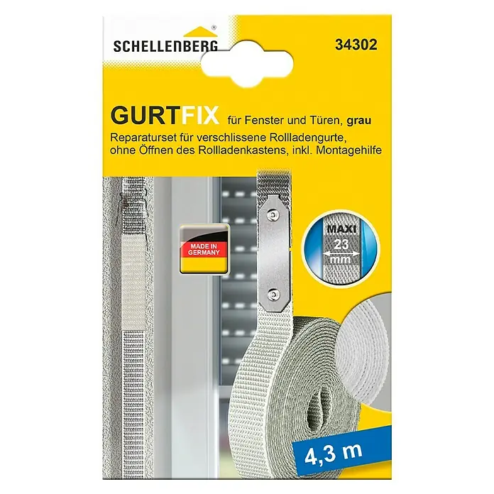 Schellenberg Gurtfix Maxi - Länge: 4,3 cm, Gurtbreite: 23 mm, Grau - Produktabbildung: Schellenberg Gurtfix Reparaturset für Rollladengurte in Grau, mit Montagehilfe und einer Länge von 4,3 Metern.