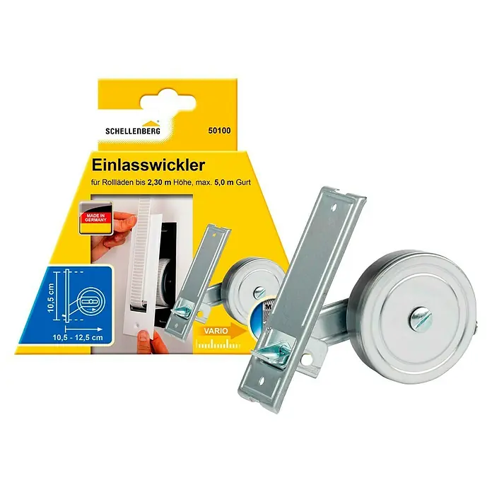 Schellenberg Rollladen-Gurtwickler Maxi - Lochabstand: 105 mm, Gurtbreite: 23 mm, Max. Gurtlänge: 5 m - Abbildung eines Schellenberg Einlasswicklers für Rolläden bis 2,30m Höhe. Der Gurt ist maximal 5,0m lang und das Produkt kommt aus Deutschland.
