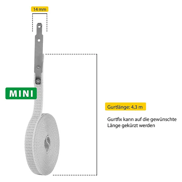 Schellenberg Gurtfix Mini - Länge: 4,3 m, Gurtbreite: 14 mm, Grau - Produktbild: Mini Gurtfix mit einer Länge von 4,3 m, kann auf die gewünschte Länge gekürzt werden. Die Breite beträgt 14 mm.
