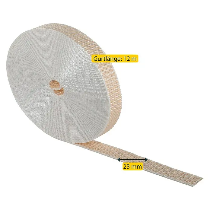 Schellenberg Rollladengurt Maxi - Beige, Länge: 12 m, Gurtbreite: 23 mm - Aufgerollter, heller Gurtband mit den Maßen 23 mm Breite und 12 m Länge. Dieses Band ist ideal für verschiedene Anwendungen und zeichnet sich durch seine Robustheit aus.