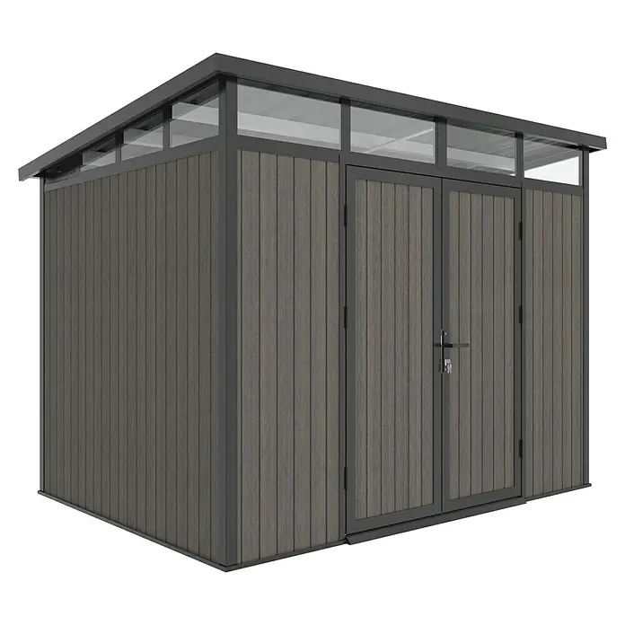 Gerätehaus 9x7 - Außenmaß inkl. Dachüberstand (B x T): 300 x 225,6 cm, Verbundwerkstoff, Silver Gray - Ein modernes Gartenhaus mit Holzwänden und einem transparenten Dach für zusätzlichen Lichteinfall. Ideal für Gartenutensilien und Werkzeuge.