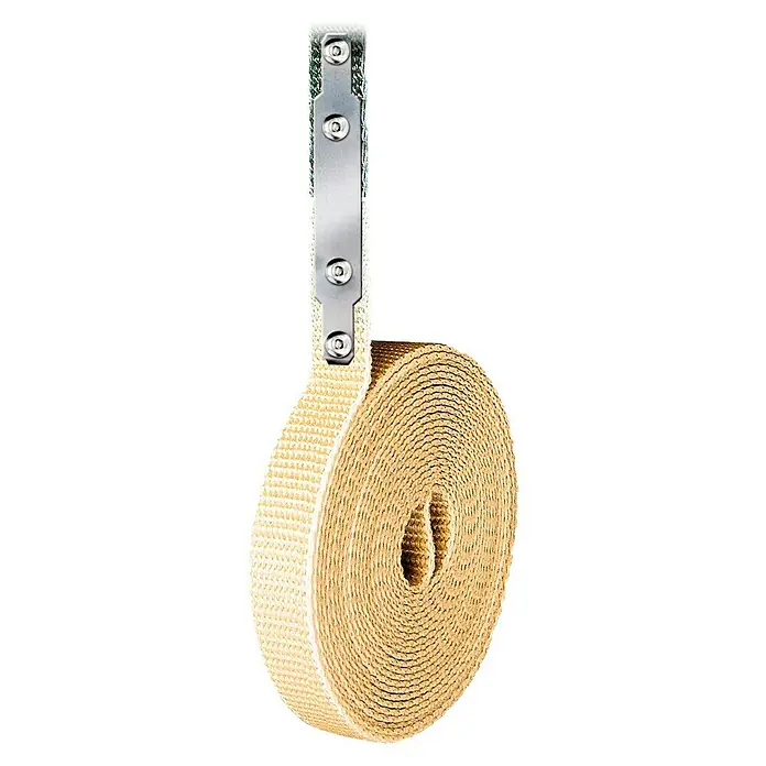 Schellenberg Gurtfix Mini - Länge: 4,3 m, Gurtbreite: 14 mm, Beige - Detailaufnahme eines gerollten Textilbandes mit Metallelement, ideal für DIY-Projekte und kreative Anwendungen.