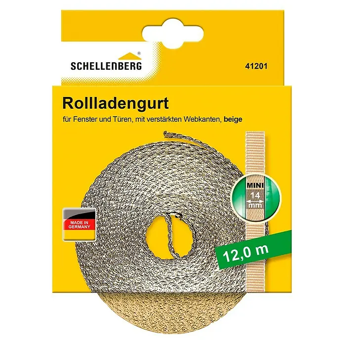 Schellenberg Rollladengurt Mini - Beige, Länge: 12 m, Gurtbreite: 14 mm - Abbildung des Schellenberg Rollladengurts für Fenster und Türen, beige, verstärkte Webkanten, 12,0 m, Mini 14 mm.