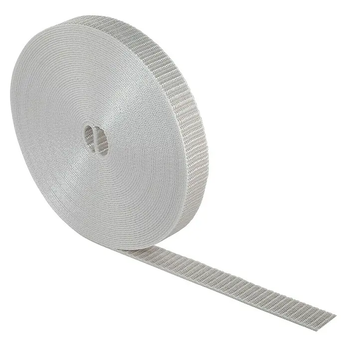 Schellenberg Rollladengurt Maxi - Grau, Länge: 12 m, Gurtbreite: 23 mm - Auf dem Bild ist eine Rolle hellgraues Gurtband zu sehen, das für verschiedene Anwendungen genutzt werden kann.