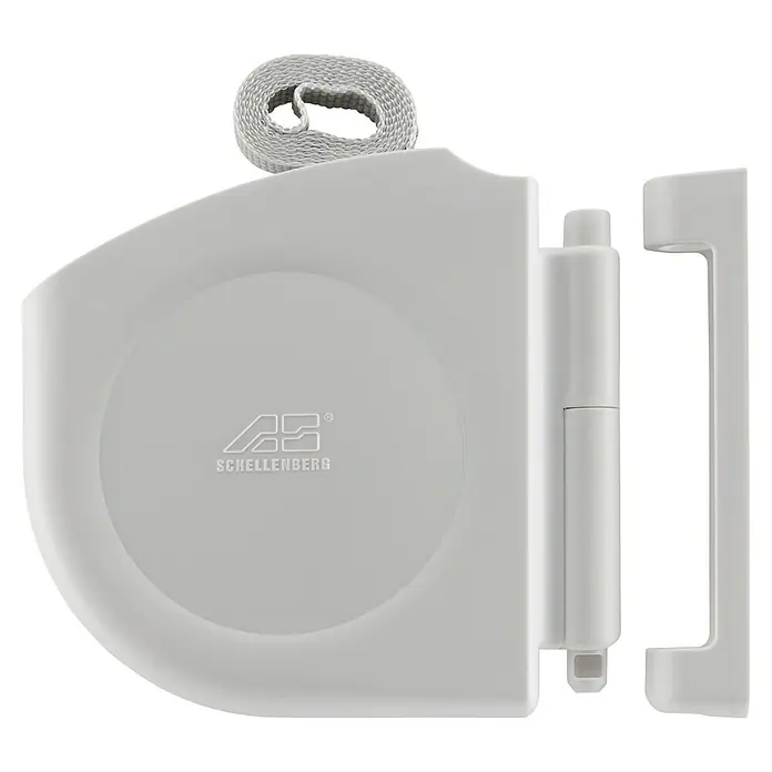 Schellenberg Aufschraubwickler - 143 x 22 x 157 mm, Geeignet für: Rollladen-Mini-Systeme, Weiß - Ein weißer Schellenberg Gurtwickler mit einem hellgrauen Gurtband, ideal für Rollläden.