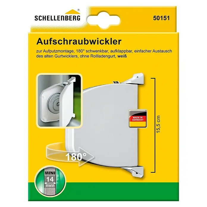 Schellenberg Aufschraubwickler Mini - L x B x H: 140 x 22 x 165 mm, Gurtbreite: 14 mm, Weiß, Aufklappbar - Verpackung eines Schellenberg Aufschraubwicklers, der eine 180°-Schwenkbarkeit, einfache Montage und Austauschbarkeit bietet.