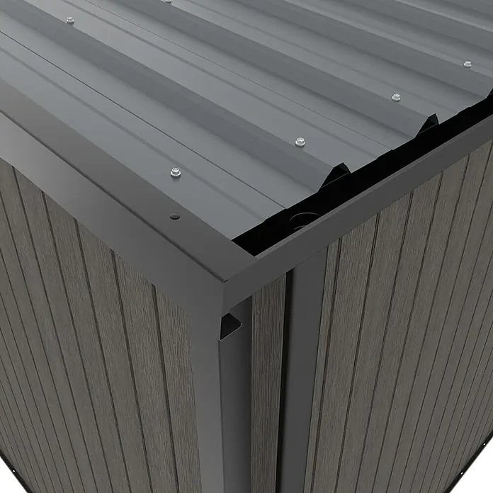 Gerätehaus 7x7 - Außenmaß inkl. Dachüberstand (B x T): 237 x 225,6 cm, Verbundwerkstoff, Silver Gray - Ansicht von oben auf einen grauen Gartenschuppen mit Metalldach. Das Material ist robust und langlebig.