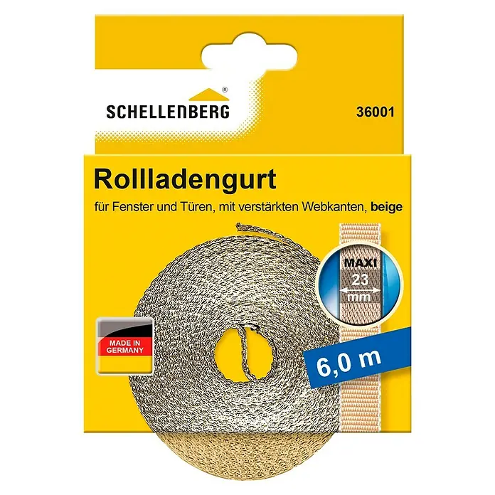 Schellenberg Rollladengurt Maxi - Beige, Länge: 6 m, Gurtbreite: 23 mm - Abbildung eines Schellenberg Rollladengurts für Fenster und Türen. Er ist beige, verstärkt und 6,0 m lang, mit einer Breite von 23 mm.