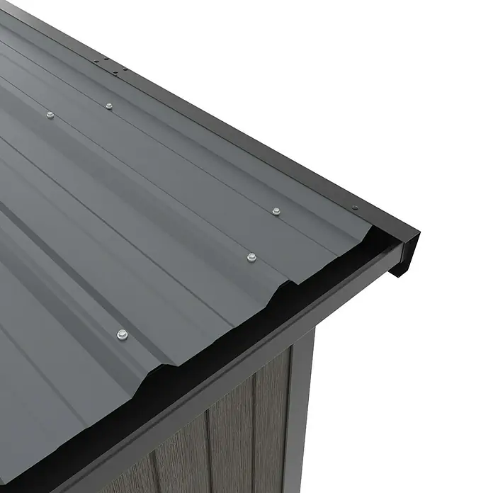 Gerätehaus 9x7 - Außenmaß inkl. Dachüberstand (B x T): 300 x 225,6 cm, Verbundwerkstoff, Silver Gray - Nahaufnahme des Metalldachs eines Schuppens, das durch graue Metallplatten und Befestigungsschrauben gekennzeichnet ist.
